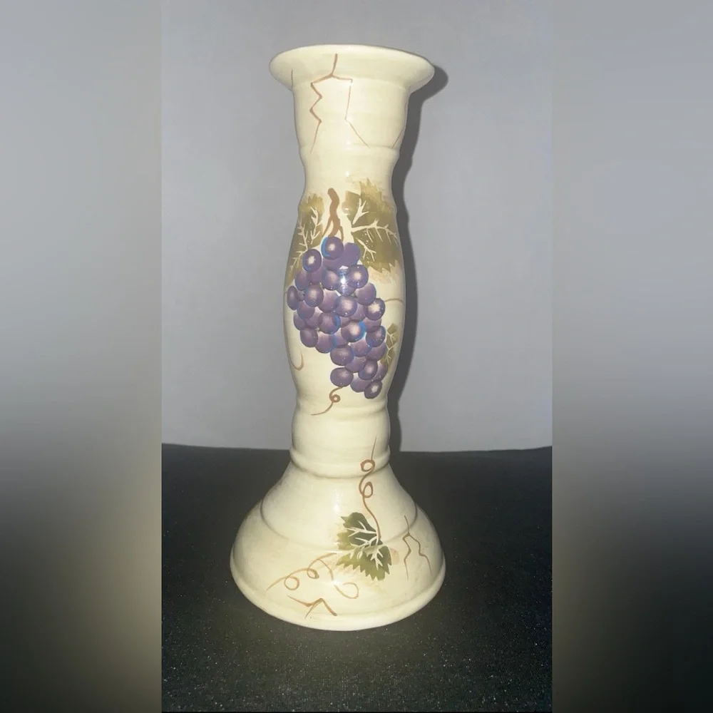 Cabernet Purple Grapes Candlestick Holder 9.5” Tabletops Unlimited Hand Painted